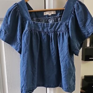 LOFT Blue Puff Sleeve Smocked Blouse